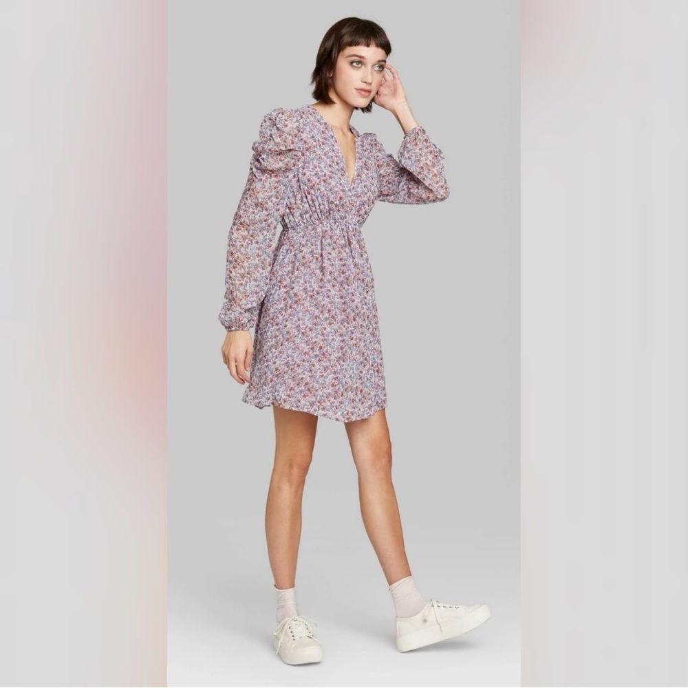 Lavender Floral Puff Sleve Dress